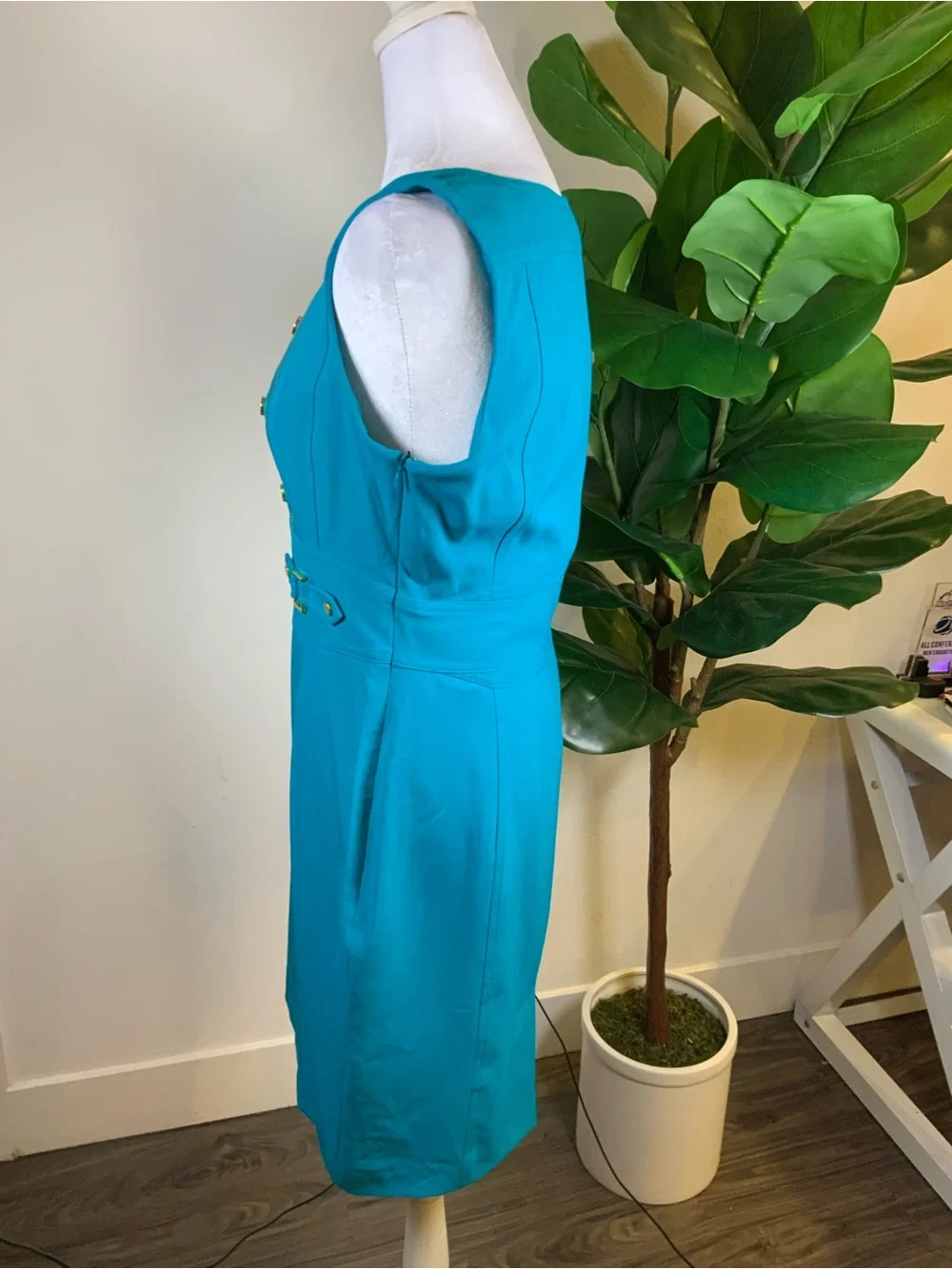 Calvin Klein Teal Sheath Dress with Gold Buttons